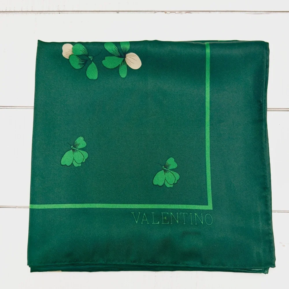 Vintage Valentino Green Silk Floral Butterfly Scarf